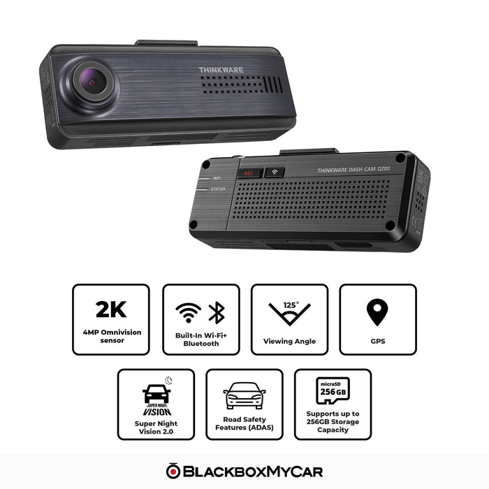 Thinkware Q200 2-Channel 2K QHD Dash Cam - Dash Cams - {{ collection.title }} - 2-Channel, 256GB, 2K QHD @ 30 FPS, ADAS, Adhesive Mount, App Compatible, Camera Alerts, Dash Cams, Desktop Viewer, G-Sensor, GPS, Hardwire Install, Loop Recording, Mobile App, Mobile App Viewer, Night Vision, Parking Mode, Rear Camera, sale, Security, South Korea, Voice Alerts, Wi-Fi - BlackboxMyCar