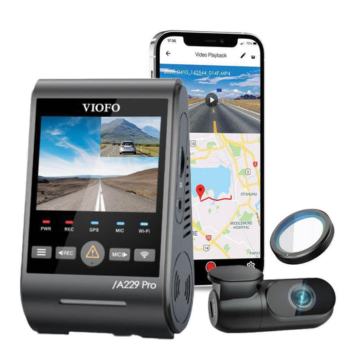 VIOFO A229 Pro Duo 4K UHD 2-Channel Dash Cam - Dash Cams - {{ collection.title }} - 2-Channel, 4K UHD @ 30 FPS, Adhesive Mount, App Compatible, China, Dash Cams, G-Sensor, GPS, Hardwire Install, Loop Recording, Mobile App, Mobile App Viewer, Night Vision, Parking Mode, sale, Security, Super Capacitor, Wi-Fi - BlackboxMyCar